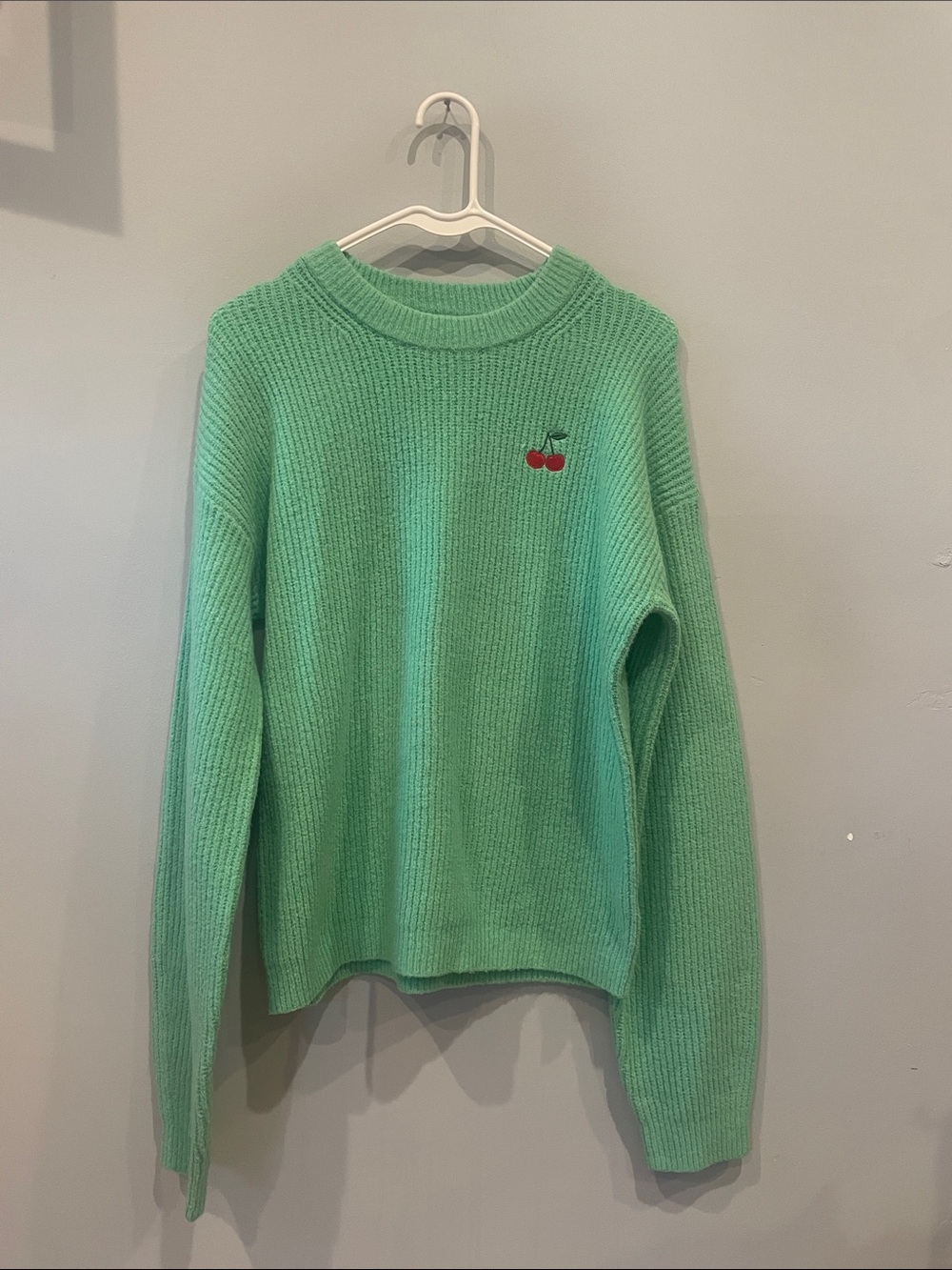 a new day Mint Green Crewneck Sweater with Cherry Embroidery